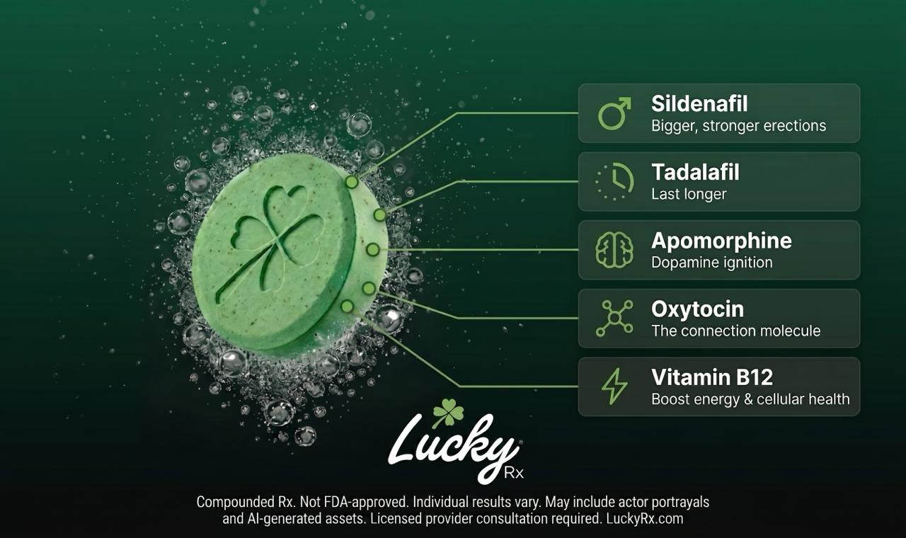 Lucky WOW green clover tablet with its five ingredients: sildenafil, tadalafil, apomorphine, oxytocin, and vitamin B12